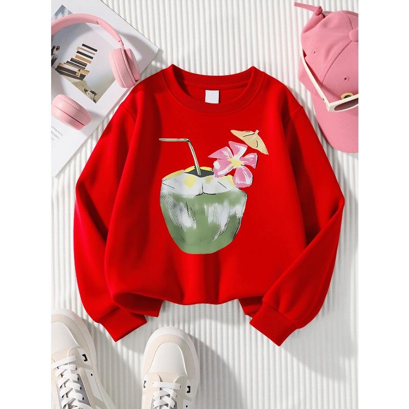 Kids Sweatshirt Crewneck Sweatshirt Coconut Drink with Flower And Straw Machine Washable, Spring And Autumn, Sportswear And Casual Wear