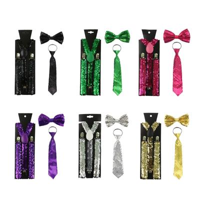 Sequin Suspenders Bowtie and Necktie Set Halloween Christmas Party Props Costume