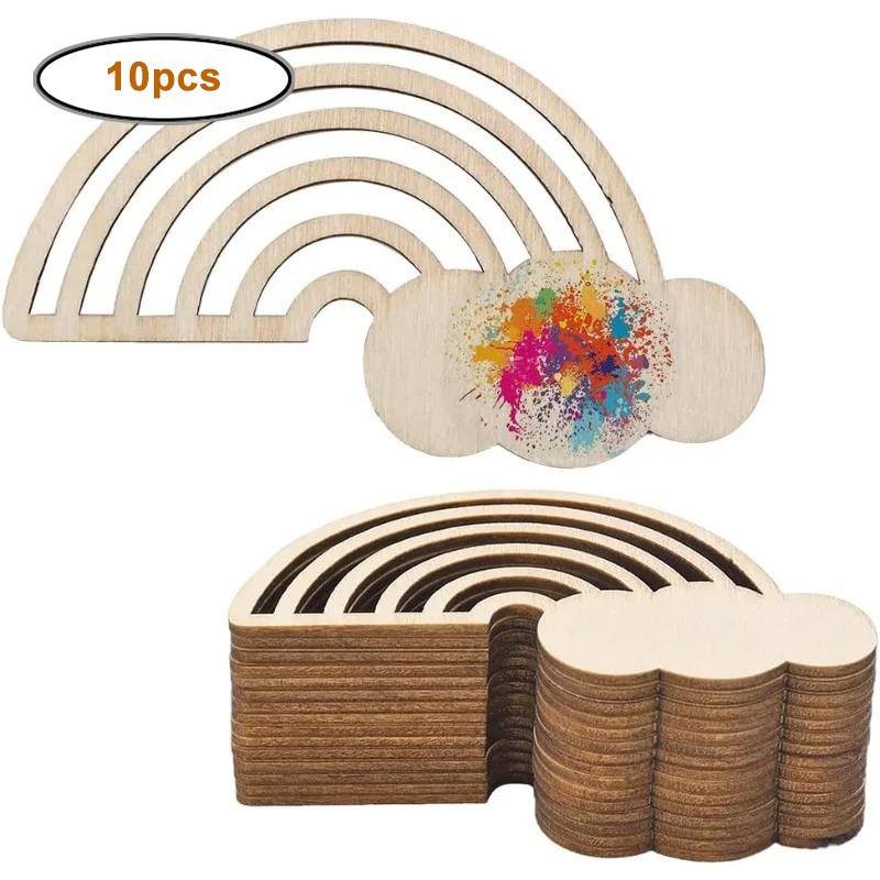 

10pcs Rainbow Wood Cutout Unfinished Wooden DIY Crafts Hanging Ornaments Cloud Discs Slices for Home DIY Projects Wedding Decor