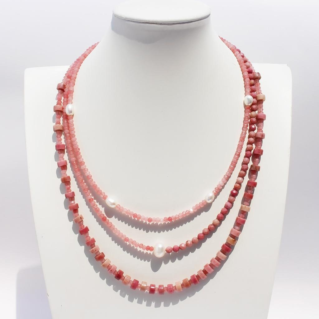 Original Design Hibiscus Stone Necklace Female Pink Love Stone Real Pearl Beaded Collarbone Chain Multi-Layer Stacking Wear 416