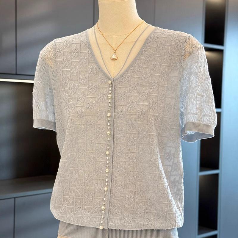 

Fashionable and Western-style mother s knitted sweater for women, short-sleeved summer wear, new style top, versatile middle-aged and elderly T-shirt M синій