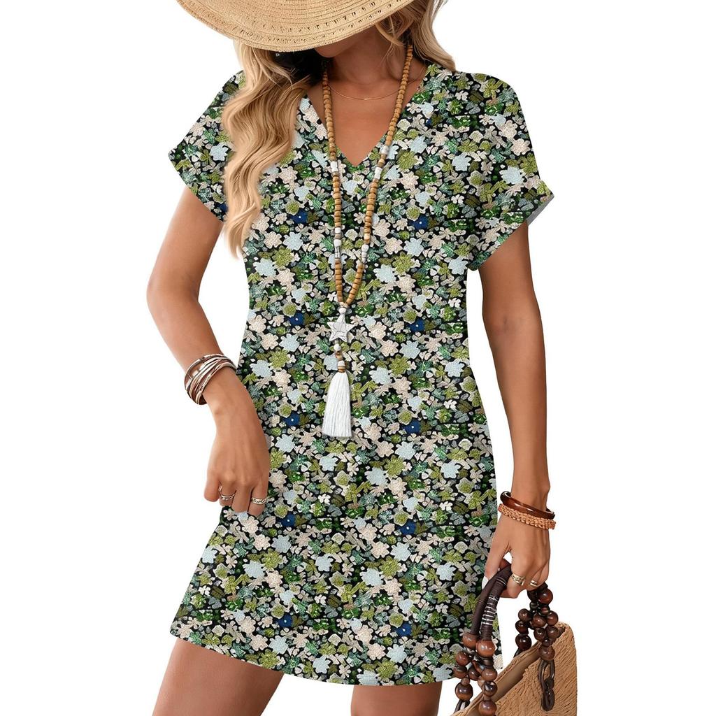 Short Sleeve Women's Dress Casual Dresses With Pockets V Neck Vocation Boho Beach Sundress