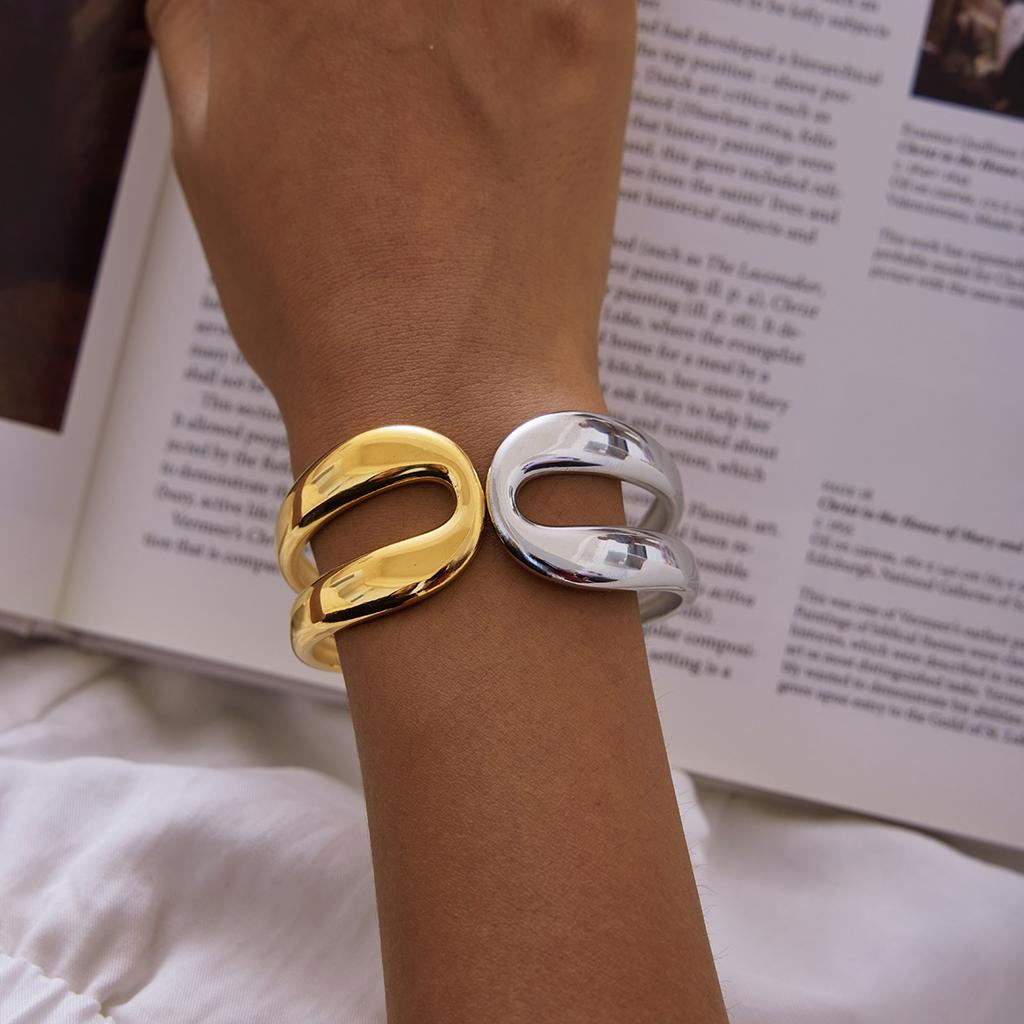 Yori Waterproof 18K Gold Plated Geometric Stainless Steel Double Color Cuff Bracelet Bangle Statement Charm Texture Jewelry New