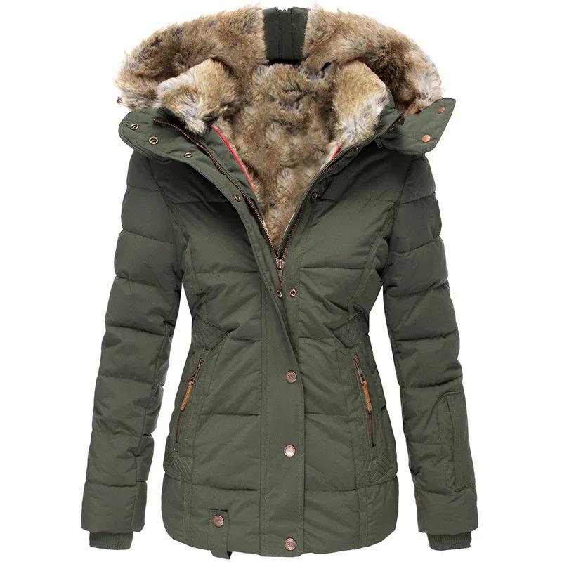 Winter Warm Fur Collar Cotton Jacket Women's Zipper Long Sleeve Slim Cotton Coat Hooded Coat