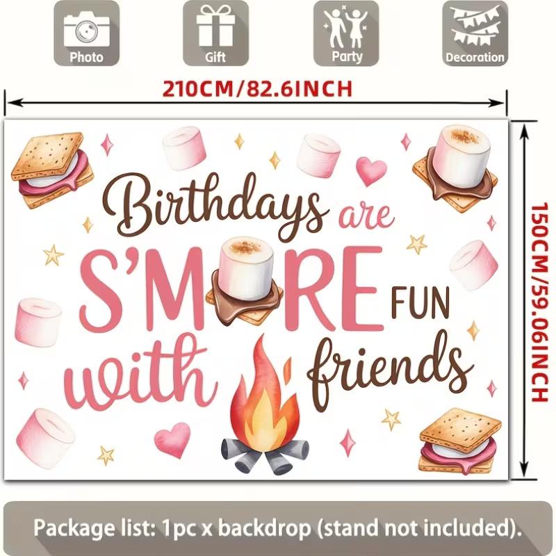 2D Camping S'mores Backdrop, Campfire Marshmallow Friends Themed Birthday Party Banner