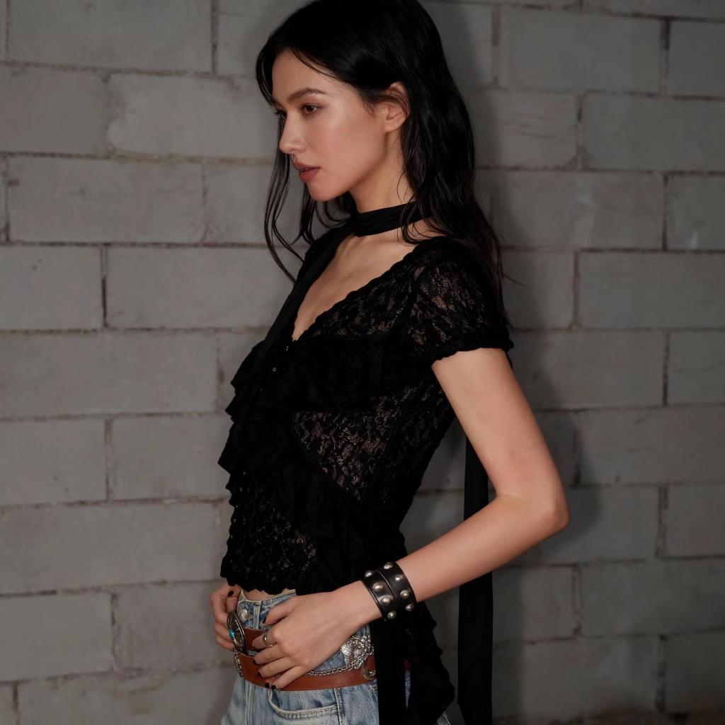 2026 Spring/Summer Y2K Retro Women's V-Neck Ribbon Lace Cardigan, Short Sleeve
