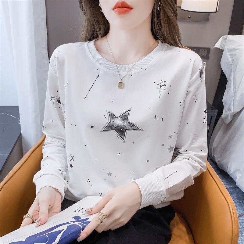 White Printed Long-sleeved Sweatshirt for Women Autumn New Korean Style Loose and Versatile Autumn Round Neck Top