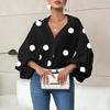 Women's Polka Dot V Neck Oversized Blouse Puff Long Sleeve Loose Shirt