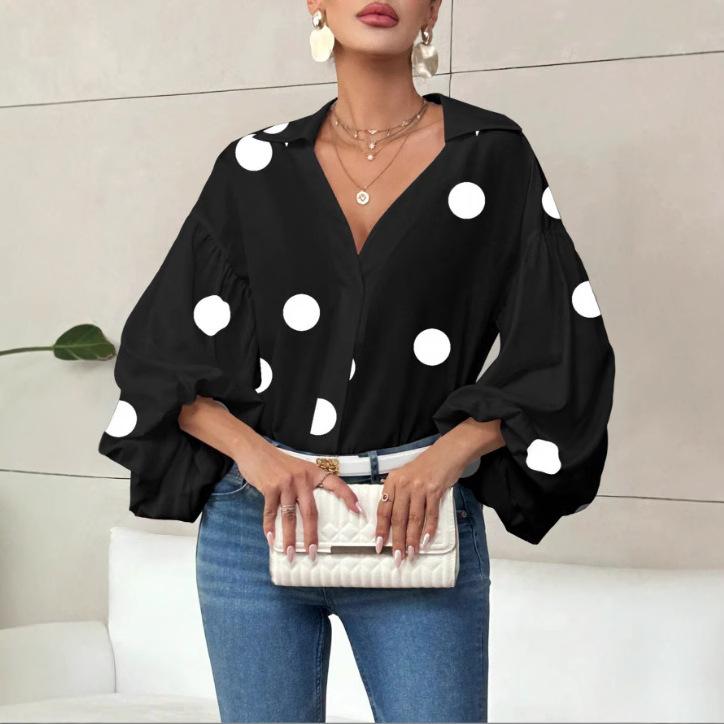 Women's Polka Dot V Neck Oversized Blouse Puff Long Sleeve Loose Shirt