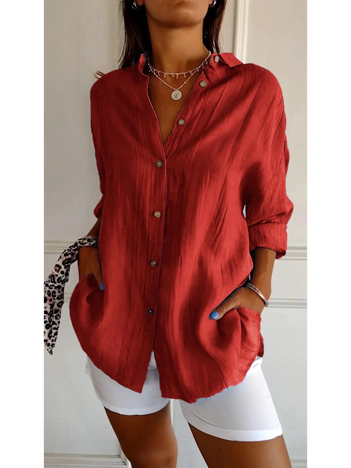 

Жіноча плісирована сорочка з відкладним коміром однотонного кольору з рукавами, що закочуються, - бестселер у європейському та американському стилі Medium