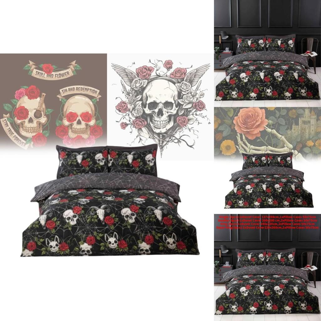 Skull Rose Reversible Duvet Cover Set With Digital Print For Halloween Themed Bedroom