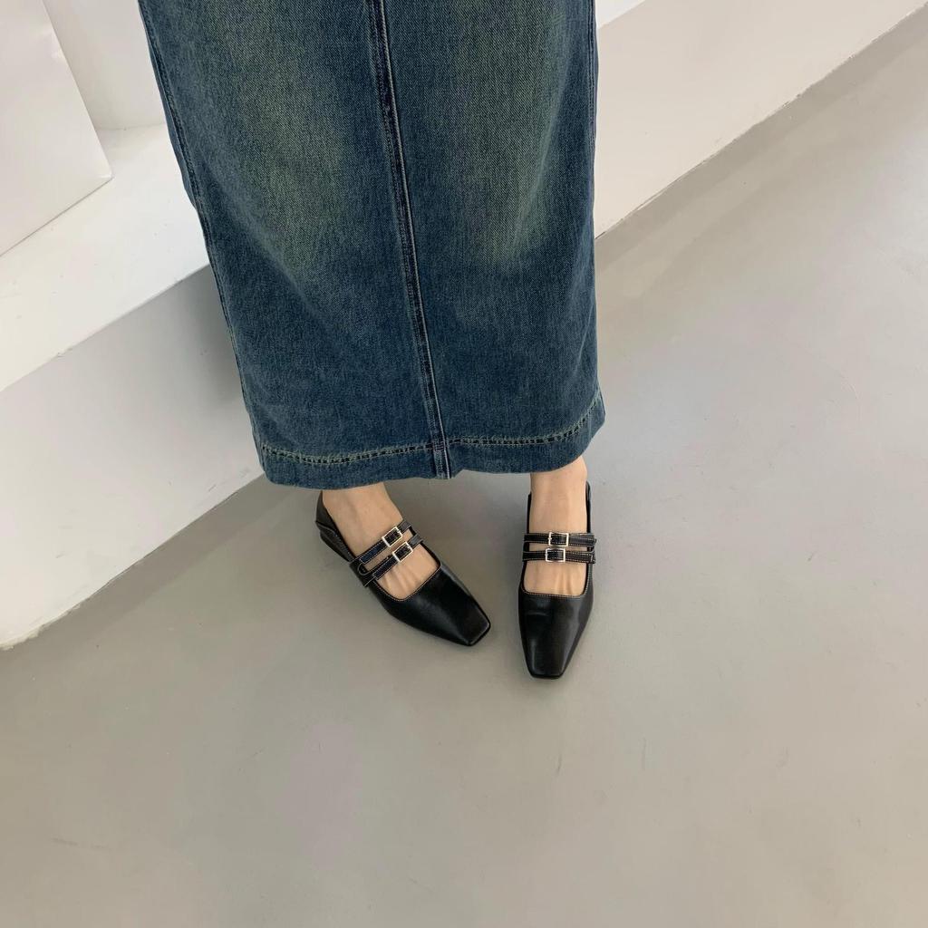 2025 Spring New with Skirt Women's French Feeling Thick Heel Square Head Mary Jane Shoes Small Shallow Mouth Evening Shoes