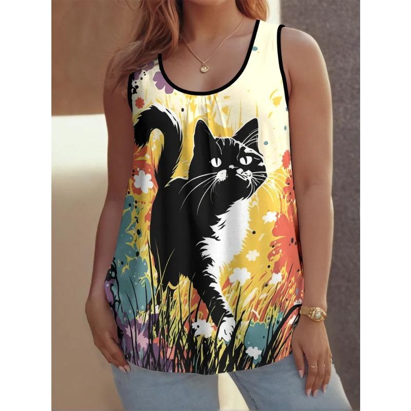 Cute Cat Prints Women's Sleeveless Vest Creative Colorful Leisure Loose Fashionable Comfortable Versatile Summer Vest