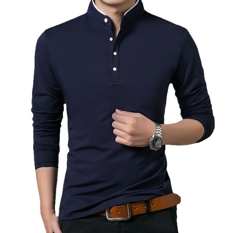 Herren Frühling und Herbst Langarm Einfarbiges T-Shirt Mittel- bis Jungerwachsener Business Casual Poloshirt