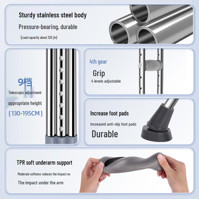 Adjustable Anti-Slip Stainless Steel Underarm Crutches - Medical Grade Double Crutches