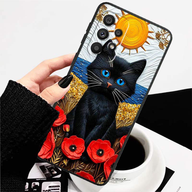 Cartoon Cat Cute For Samsung A73 A72 A71 A55 A54 A53 A52 A51 A13 A22 A16 A15 A12 A14 A26 A07 5G Black Phone Case