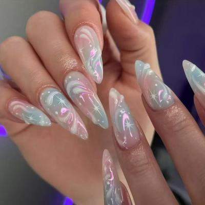 Wear Nail Pink und Blau verschmierte Nailart-Tabletten, dreidimensionale perlmuttartige künstliche Nagelsterne, entfernbare Nailart-Tabletten, 24 Stück