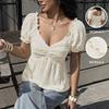 Solid V Neck Puff Sleeve Textured Blouse For Women