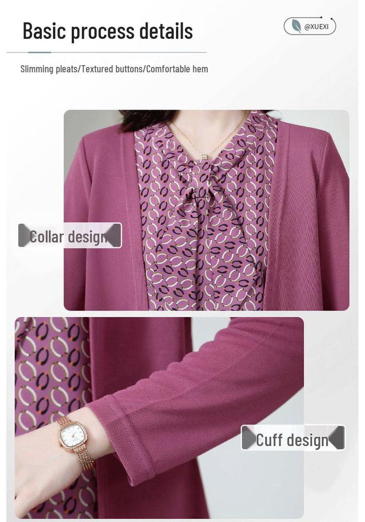 Mom's Elegant Fake Two-Piece Long-Sleeve Top for Middle-Aged Women