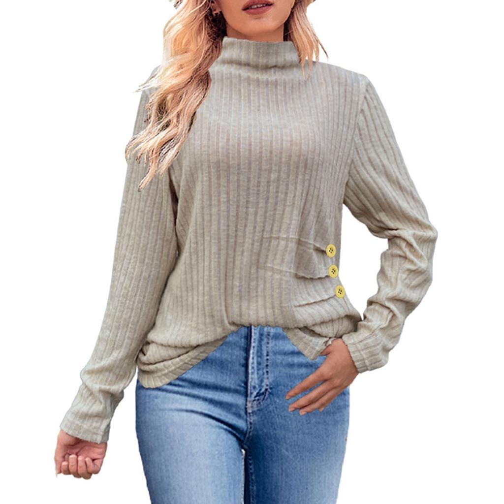 Women's Fashion Loose High Neck Side Pleated Button Long Sleeve T-Shirt Knit Top