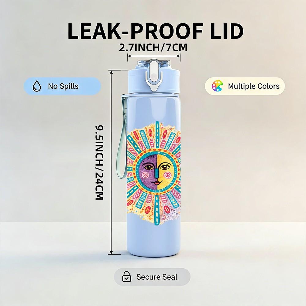 1PC Bohemian Sun Totem Ethnic Art Print 750ml Color Plastic Sports Water Bottle Leakproof Flip Straw Lid Suitable for Sports Office Home Use