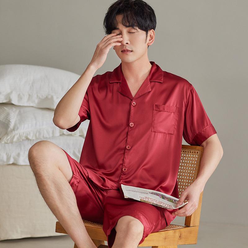 Pajamas Men's Spring and Summer Ice Silk Short Sleeve Homewear Men's Silk Simulation Silk White Summer Thin Premium