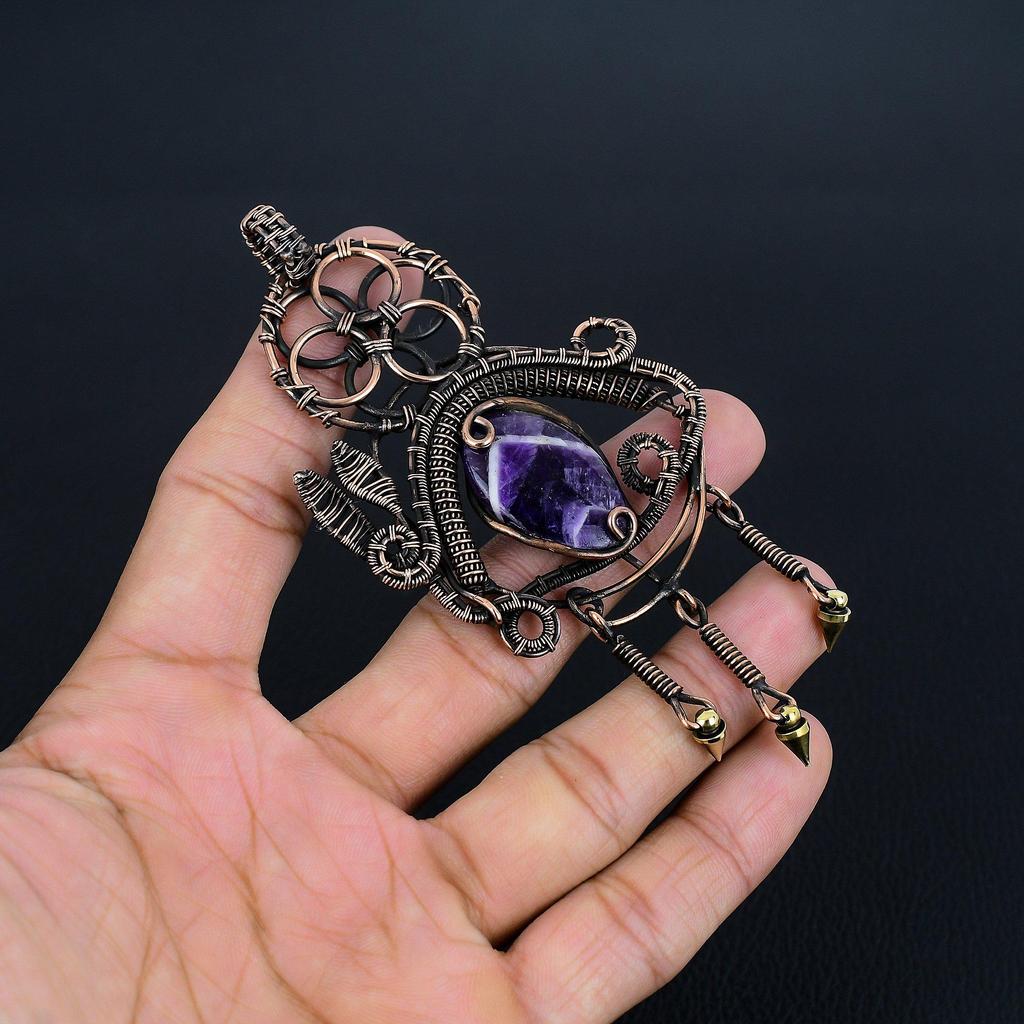 Chevron Amethyst Pendant Gemstone Jewelry, 999 Copper Wire Wrapped Pendant, Handmade Antique Jewelry Gift For Mother
