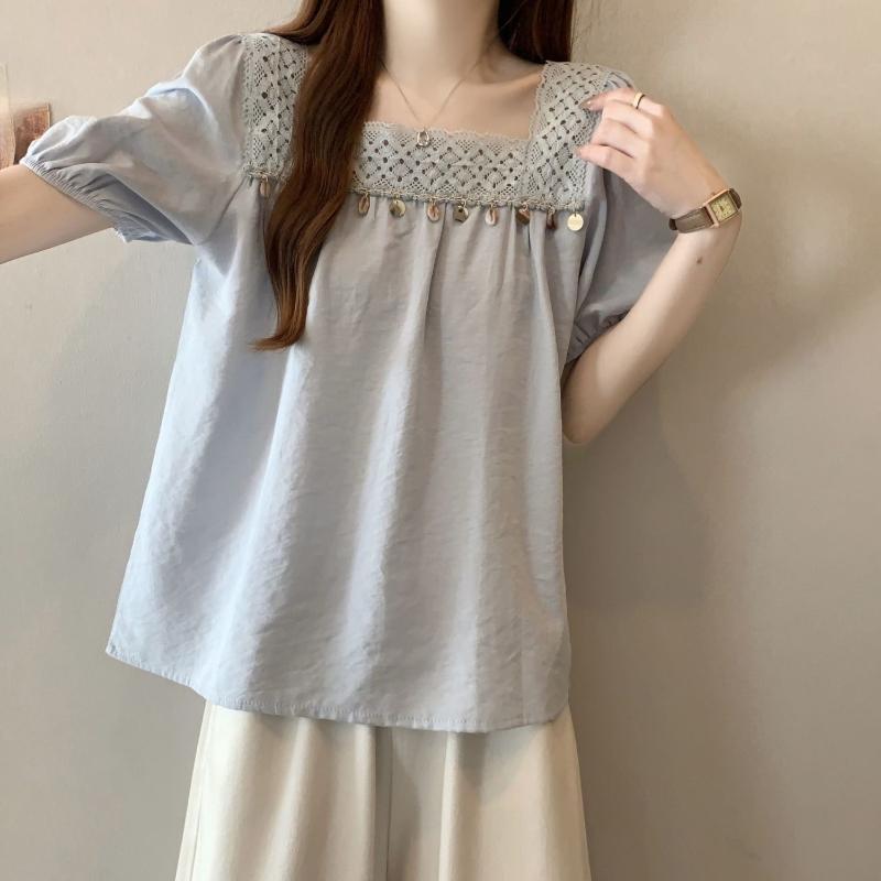Square Neck Women's Short Sleeved Tees Chic Collar Design Versatile T-shirts Korean Sweet Style Ladies Clothing