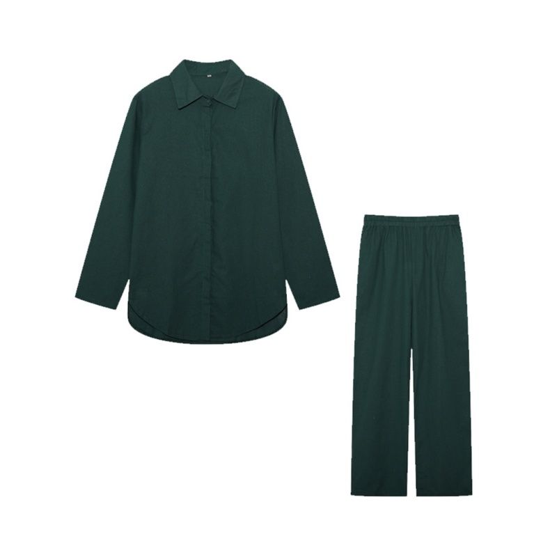 

S-5XL Women 2 Set Clothes Two-piece Set Long Sleeves Shirt Spring Autumn Casual Pants Wide Leg Suit Dark green S