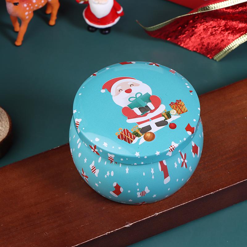 1Pcs Christmas Tinplate Round Candy Tin Can Candle Jars With Lid Candle Container Empty Box Cookie Candy Storage Gift Case