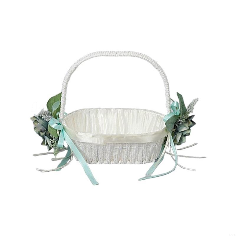 Western Wedding Flowers Basket Small Rattans Woven Basket with Handle for Bride X3UC