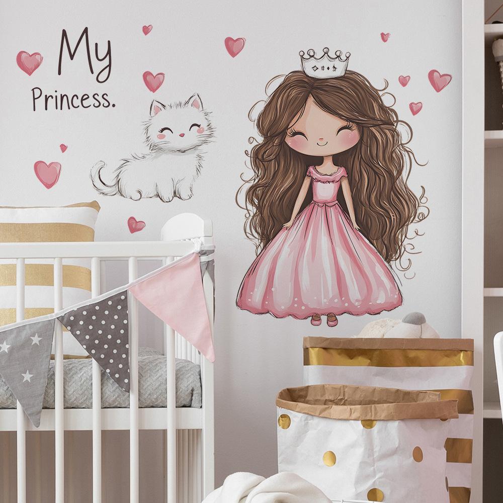 Prinses Katje met Hart Muursticker Dromerig Zoet Zelfklevende Decoratie voor Kinderkamer Woonkamer Kinderkamer Muurkunst