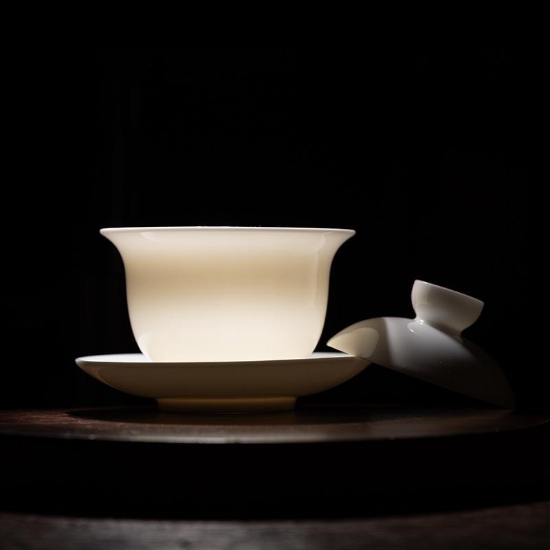 White porcelain suet jade three talent cover bowl single tea bowl household kung fu tea set ceramic tea bowl set