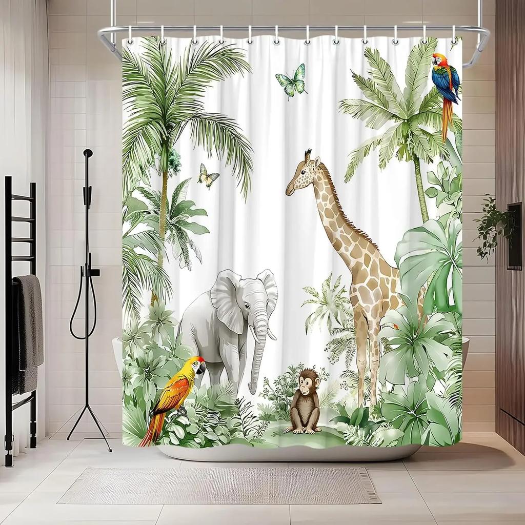 GAEJungle Animal Shower Curtain Forest Giraffe Elephant Rainforest Tropical Safari Green Plant Wildlife Parrot Watercolor Show