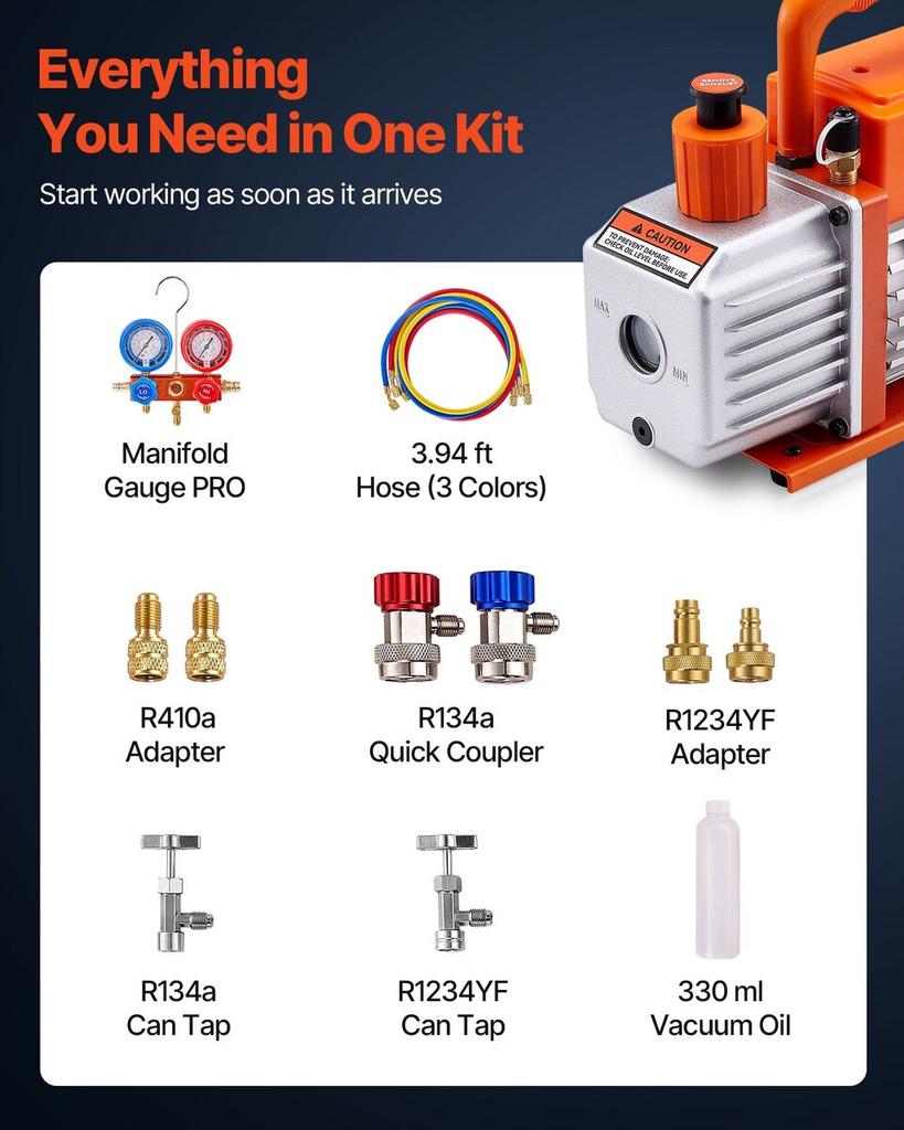115 L/min AC Vacuum Pump and Gauge Set, Single Stage, Rotary Vane HVAC Air Vacuum Pump, A/C Refrigerant Manifold Gauge Kit, with Leak Detector, Carry