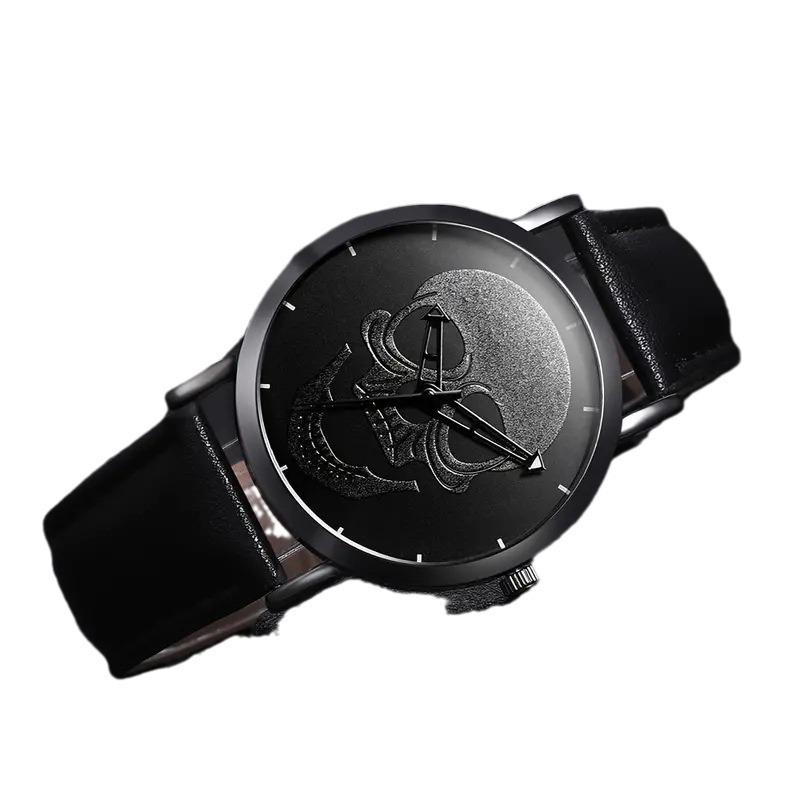 Black Skull Dial Quartz Watch & Bracelet Set (3-Piece)