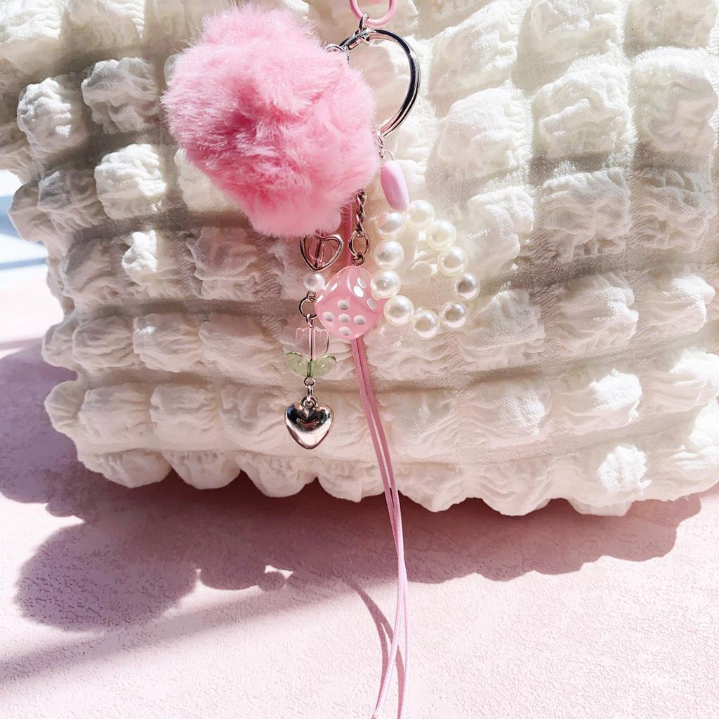 Stylish Pearls and Furry Sphere Pendant Multipurpose Pearls Sphere Key Rings Soft Car Key Chain Charm for Fashion Lovers
