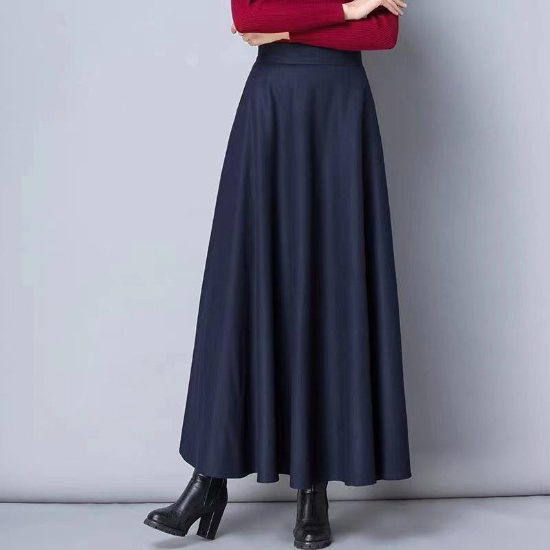 

Женская длинная шерстяная юбка Элегантные шерстяные юбки А-силуэта с высокой талией Женские повседневные толстые теплые юбки макси с карманами L синий