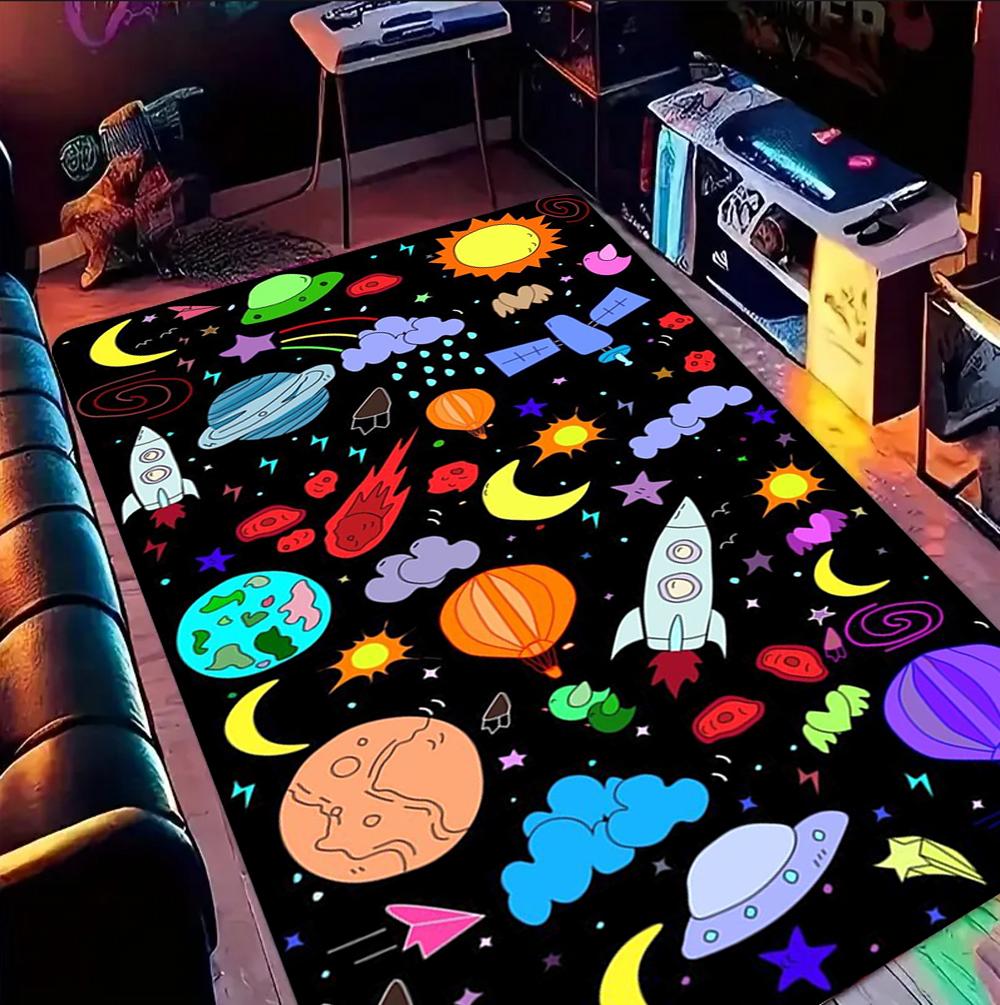 Galaxy Starry Night Rocket Carpet Playroom Floor Mat Kids Bedroom Decor Non Slip Rug Audio-Visual Room Floor Mat Door Mat