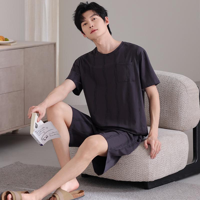 Pajamas Men's Summer Cotton Black Short Sleeve Shorts Men's Teen Summer Simple Casual Homewear Set