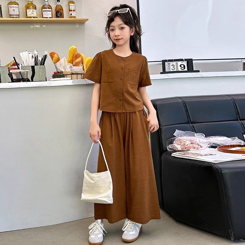 Sommer-Set für Mädchen Kurzarm-Oberteil Weitbein-Hose Mädchen Baumwolle und Leinen Zweiteiler Dünnes Sommer-Outfit