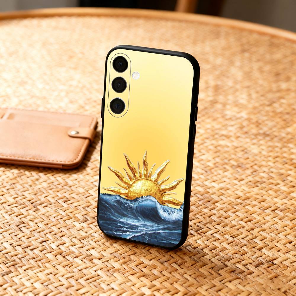 Gilded Sun and Moon Phone Case For Samsung A73,72,71,A52,51,40,41,A22,A32,31,A13, Soft Black Shell