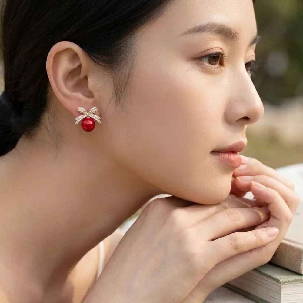 Exquisite Small Bow-knot Pearl Earrings Sparkling Rhinestone Light Luxury Earrings Birthday Gifts