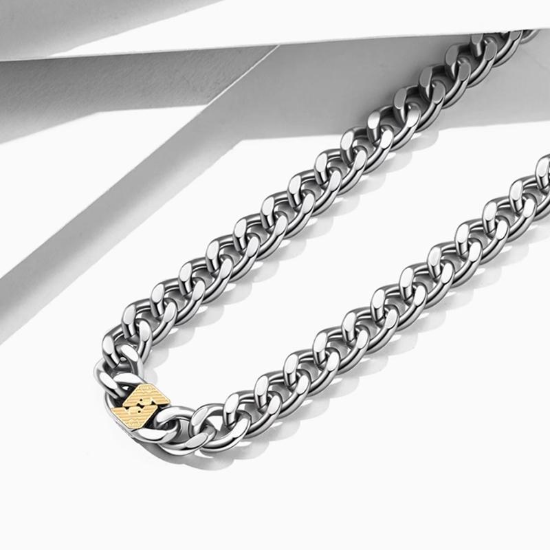 Emporio Armani Light Luxury Hip Hop Cuban Chain Fashion Simple Trendy Street Style Stainless Steel Necklace Men necklace Silver EGS3187040