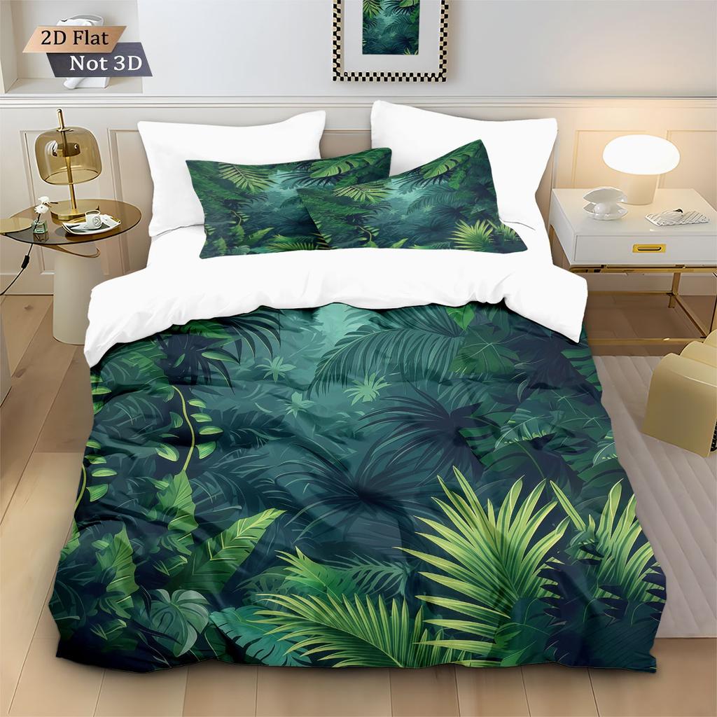 3pcs Green Plant Leaf Printed Down Duvet Cover Set, Multi Size Bedroom And Dormitory Bedding Decoration, Machine Washable