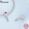 BAMOER 925 Sterling Silver Pink Zircon Rose Flower Bead Charms for Women Original Bracelet Bangle Necklace DIY Jewelry