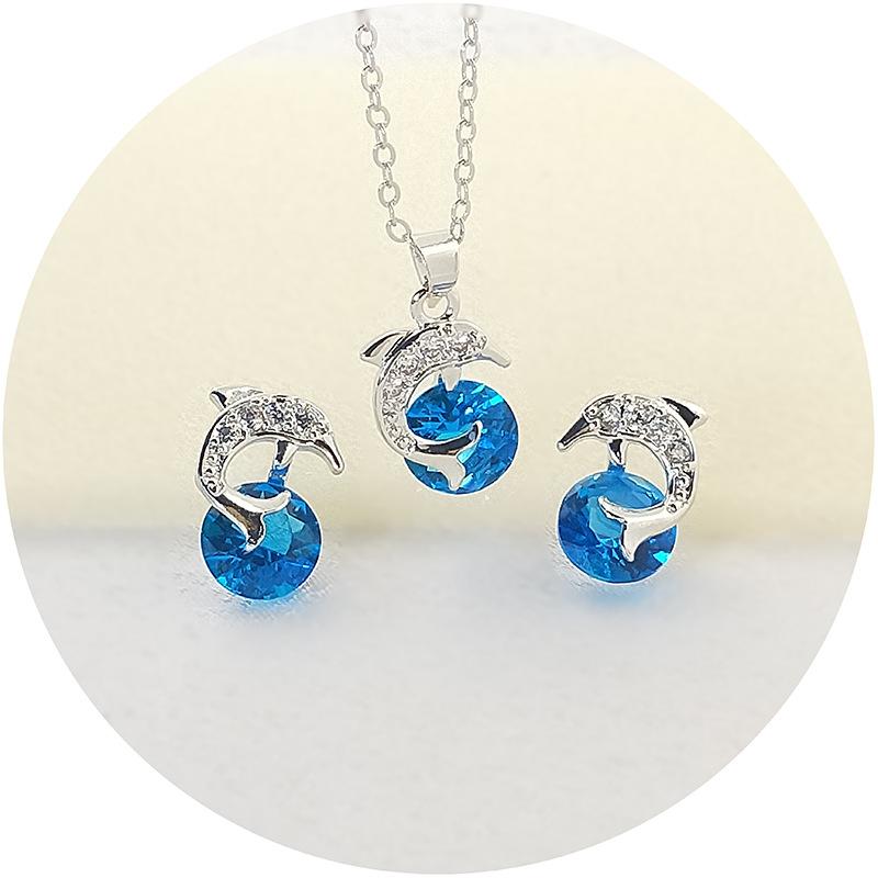 Minimally Designed Dolphin Necklace Earrings Zircon Jewelry Set European and American Fashion Two Piece Jewelry Set