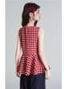 Women's Red Plaid V-Neck Sleeveless Waist-Cinching Pleated Vest - Summer 2026 Chic Style