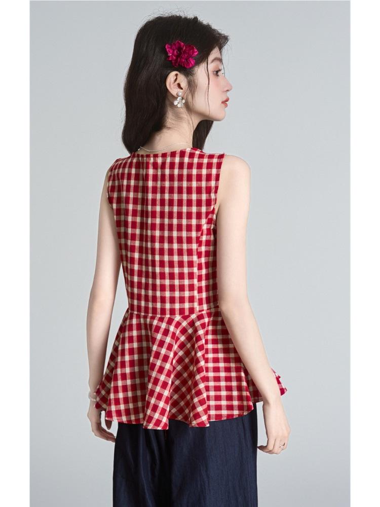 Women's Red Plaid V-Neck Sleeveless Waist-Cinching Pleated Vest - Summer 2026 Chic Style