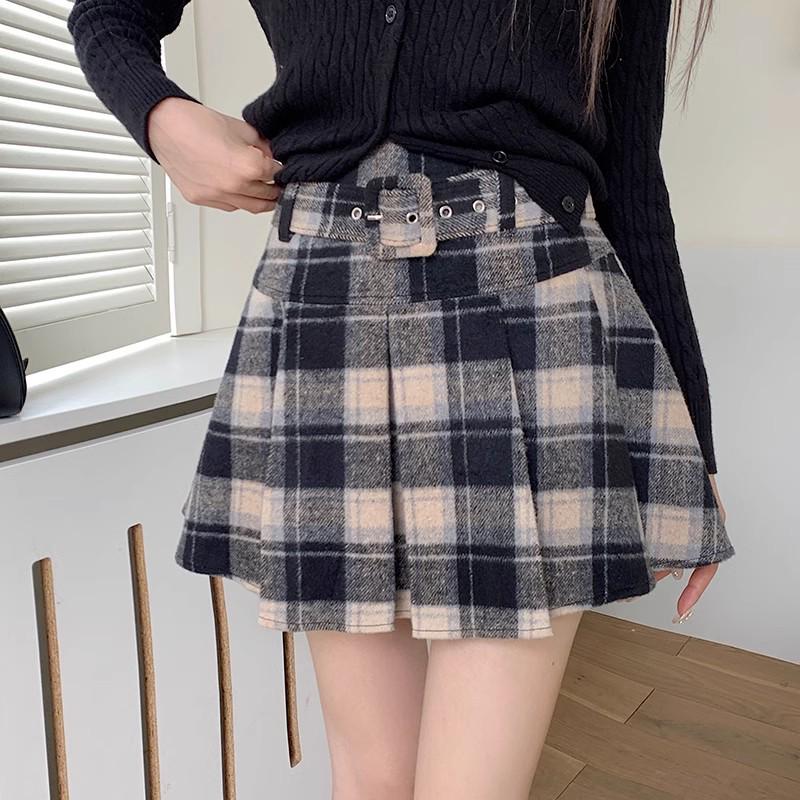 Autumn 2025 Women s High Waist Plaid Wool A-line Skirt with Belt 3XL (140-150 lbs)